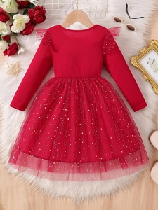 Red long-sleeve festive girls' dress with sparkling gold star tulle and ruffle trim