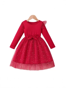 Red long-sleeve tutu dress for girls with star mesh skirt and pink mesh wings