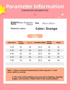 Detailed size chart for girls summer tulle dress in orange cotton fabric ranging from 1Y to 8Y