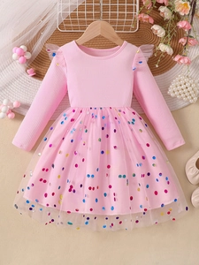 Girls Long Sleeve Cotton Blend Mesh Tutu Dress Polka Dot Colorful Sequin Princess Party Dress For Spring Autumn