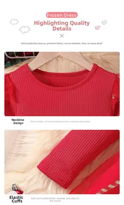 Detail of red knit dress neckline and mesh cuffs with gold sequins for toddler girls