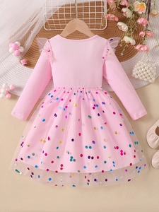 Pink long-sleeve tutu princess dress for girls with colorful sequin polka dots and tulle skirt