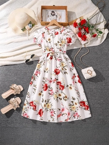 Girls Floral Print Dress Puff Sleeve Round Neck A-Line Princess Summer Vacation Sundress With Waist Belt