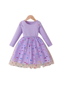Lavender long sleeve girls dress with knit top and colorful sequin polka dot tutu skirt