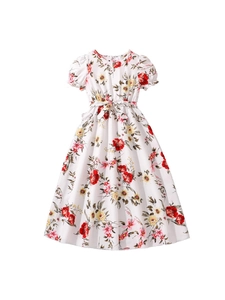 Floral girls summer dress with puff sleeves and bow waistband on white background