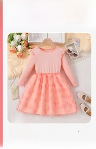 Detail of pink long sleeve tulle dress featuring ribbed knit bodice and ruffled shoulders