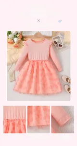 Detail of pink long sleeve girl dress featuring floral mesh embroidery and fine stitching