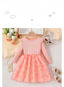 Detail of pink long sleeve mesh dress with delicate petal print for little girls