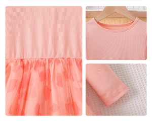 Detailed views of pink knit bodice and heart-print mesh skirt for girls dress
