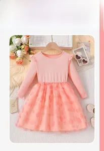 Detail of pink long-sleeve toddler dress with ribbed knit top and heart-pattern tulle skirt