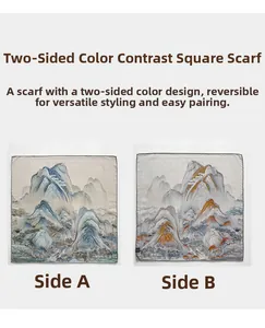 Detail of silk wool square scarf featuring double-sided landscape painting design