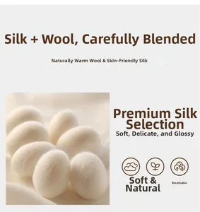 Detail view of premium silk and wool blend fabric showing soft texture and natural silk cocoons