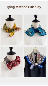 Detail showing four ways to wear printed silk wool scarves with various elegant patterns