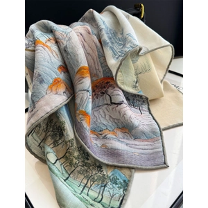 Silk wool scarf featuring traditional Chinese landscape painting in cream and orange