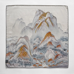 Silk wool square scarf with traditional Chinese landscape painting and elegant gray tones