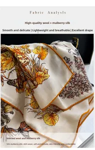 Detail of butterfly and maple leaf print on luxury 18% silk and 82% wool blend scarf