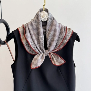Satin Wool Blend Square Scarf Luxury Hand Rolled Edge Checkerboard Print Elegant Double Sided Wrap For Women
