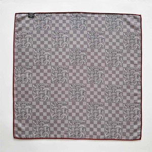Silk and wool checkered scarf with grey wave patterns and wine red hand-rolled edges