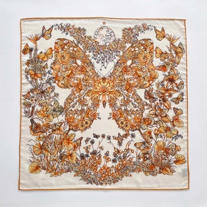 Silk wool square scarf with orange butterfly floral print and hand-rolled edges