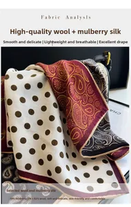 Detail view of silk wool scarf featuring paisley patterns and fine twill texture