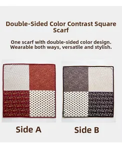 Detail of double-sided silk wool square scarf with paisley and polka dot patterns