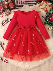 Girls Christmas Long Sleeve Mesh Patchwork Dress Princess Gown With Bow Candy Cane Print For Kids Holiday Party Outfits