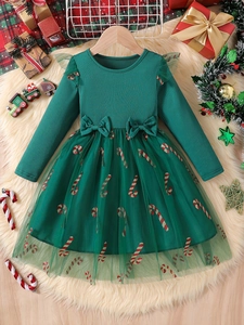Girls long sleeve green Christmas tulle dress with candy cane prints and bows