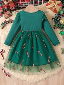 Girl's Christmas long sleeve green tulle dress with candy cane embroidery and bow