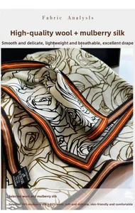 Detail of silk wool scarf showing delicate rose print and premium fabric texture