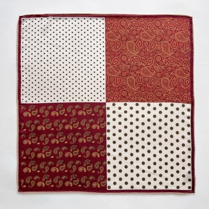 Elegant silk wool square scarf with multi-pattern paisley and polka dot patchwork design