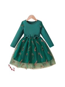 Girls long sleeve green Christmas dress with tulle skirt and candy cane patterns