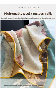 Close-up of silk wool scarf showing premium crane print and yellow rolled edges