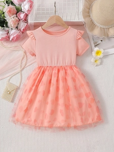 Girls Summer Princess Dress Mesh Gauze Splicing Heart Pattern Flutter Sleeve Ribbed Knit Short Sleeve Dress For Kids