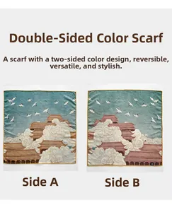 Detailed view of double-sided silk scarf with crane and palace pattern in Chinese style