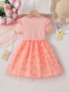 Pink short sleeve tutu dress for girls with heart-patterned tulle and ruffled sleeves