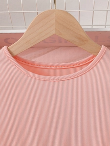 Pink rib-knit girl dress with round neck detail and high elasticity textured fabric