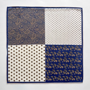Square silk pocket square with navy paisley patterns and brown polka dots design