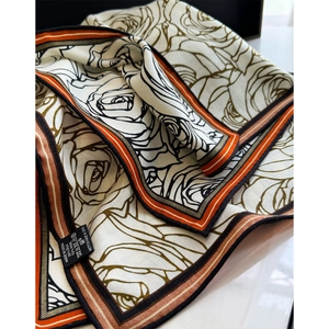 Vintage floral silk wool square scarf with black rose patterns and striped borders