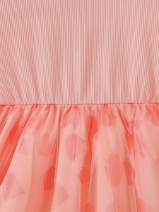 Pink knit girl dress with heart print tulle skirt detail and ruffled waistline