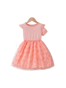 Pink knit sleeveless summer dress for girls with heart pattern tulle skirt and ruffles
