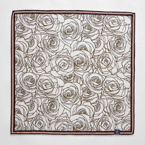Elegant vintage rose print silk wool scarf with stylish color-contrast borders