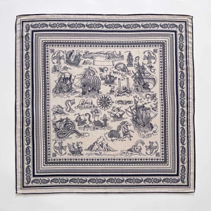 Nautical theme silk wool square scarf featuring vintage sailing ships and sea monsters