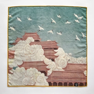 Silk square scarf with crane and palace print, vintage style with yellow borders