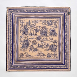 Navy blue and khaki silk wool nautical square scarf with vintage sailing ship print