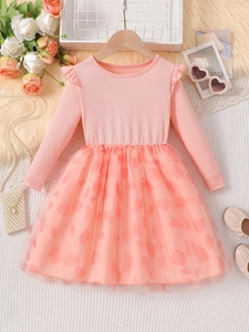 Girls Long Sleeve Princess Dress Cotton Blend Ribbed Top Patchwork Mesh Tulle Skirt Heart Pattern Autumn Sweet Outfit