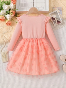 Pink long sleeve girls princess dress with layered mesh skirt and heart patterns