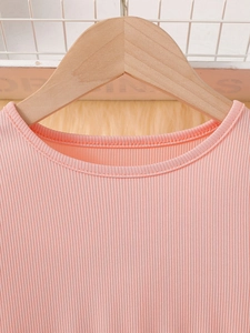 Pink ribbed knit long-sleeve mesh dress with round neckline and soft cotton blend fabric