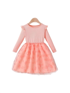 Pink long-sleeve toddler dress with ruffle shoulders and heart-printed mesh skirt