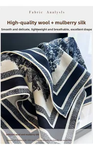 Detail of silk wool scarf showing the blue architectural print and 18% silk fabric texture