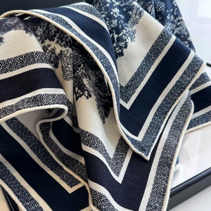 Elegant silk wool square scarf with blue Toile de Jouy print and striped borders